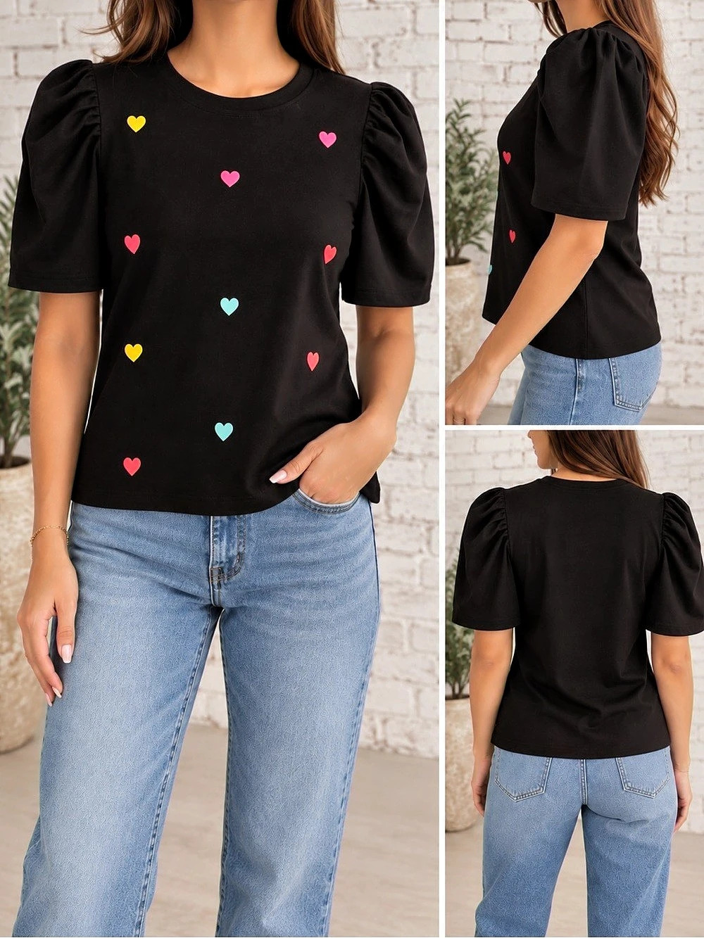 SHEIN Women's Black & Pink Heart Puff Sleeve Top